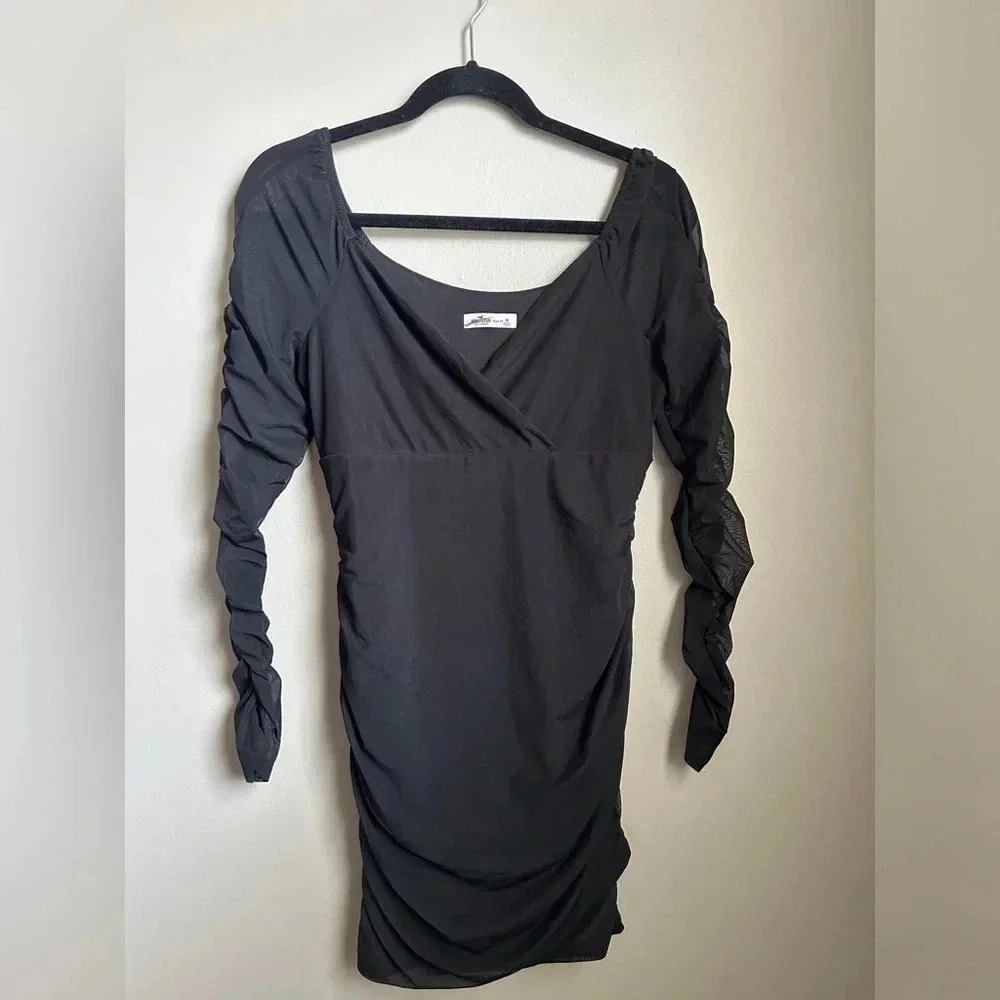 Hollister Y2K Black Long Sleeve Mesh Ruched Mini Bodycon Dress Size M NWOT